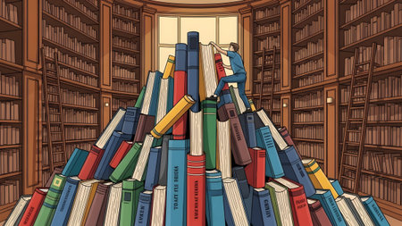 A man climbs a large pile of colorful books in a grand library with tall shelves. Clear details a...
