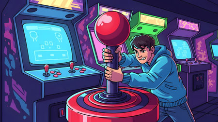 Young man intensely plays a vintage arcade game, gripping a large red joystick. Clear details and...