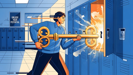 Man with large key unlocking a locker revealing glowing potential inside Clear details and vibran...