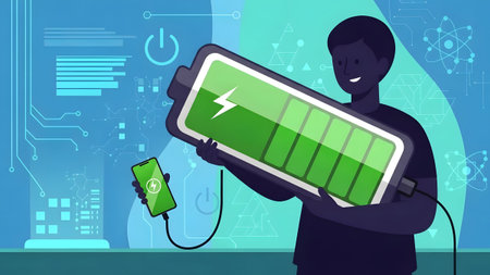 A person holds a large battery that is charging a smartphone, symbolizing energy and power.