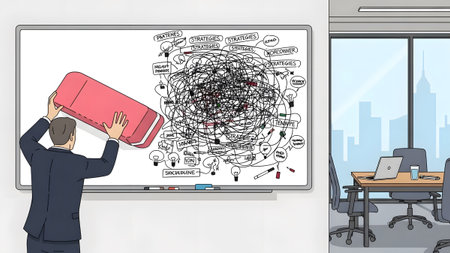 A businessman erases a tangled diagram from a whiteboard in an office with a large eraser.