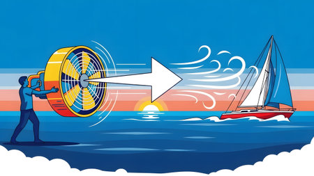 Man holding a fan blowing wind towards a sailboat on the ocean at sunset. Clear details and vibra...