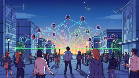 People connected in a digital network against a futuristic city backdrop at night. Clear details ...