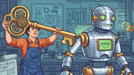A mechanic offers a large golden key to a silver robot with a POWER display in a workshop.