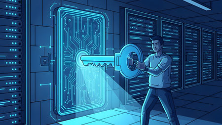 Man holds key to a glowing digital door with circuit patterns in a server room Clear details and ...
