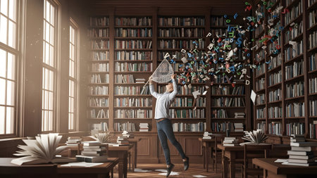 A person jumps to catch flying letters with a net in a large library filled with bookshelves.