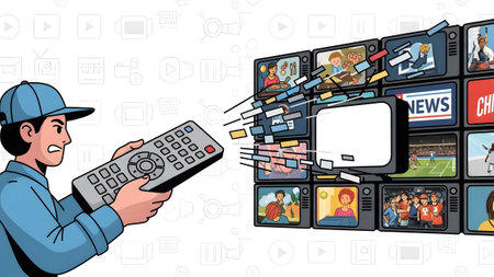 Man holding remote control changing channels on a wall of televisions with icons in background