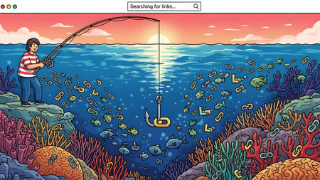 A person fishes for digital links in a vibrant ocean scene with a search bar above.