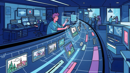 People in a futuristic control room interact with holographic screens displaying data and images.