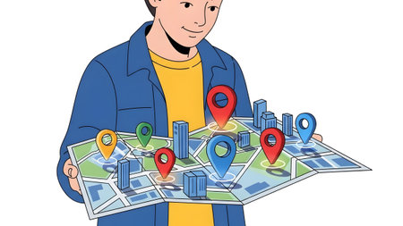 A person holds an open city map with colorful location pins and miniature buildings on it