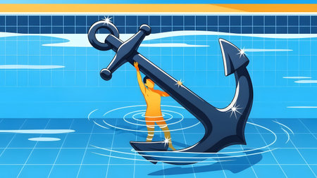 Vector showing person holding a large anchor in a swimming pool keywords: person, anchor,...