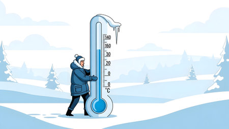 Hat showing person bundled in winter clothes holding giant thermometer