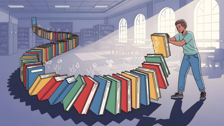 A person in a library initiates a domino effect with a chain of colorful books on the floor.の写真素材