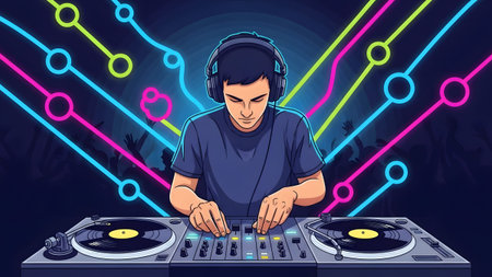 Background. showing dj wearing headphones mixing music on turntables keywords: dj, music,...