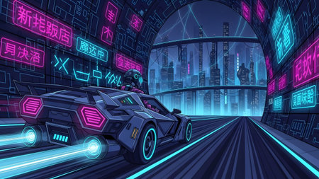 A futuristic car speeds through a neon-lit tunnel towards a city skyline Clear details and vibran...