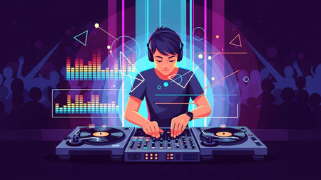 Sound showing dj playing music at a vibrant nightclub with colorful lights keywords: dj,...