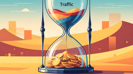 An hourglass shows sand flowing into a pile of gold coins in a desert. Clear details and ...