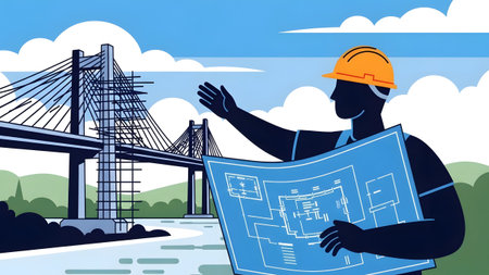 Silhouette of an engineer holding a blueprint and gesturing towards a bridge under construction.