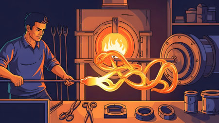 A glassblower shapes molten glass into a swirling orange form near a furnace. Clear details and v...