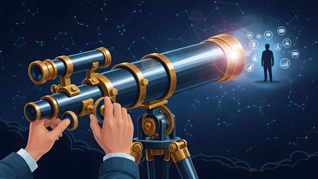Hands adjust a telescope against a starry sky with constellations and digital icons.