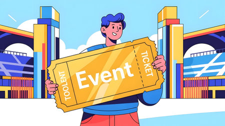 A smiling man holds a large golden event ticket in front of a stadium entrance. Clear details and...