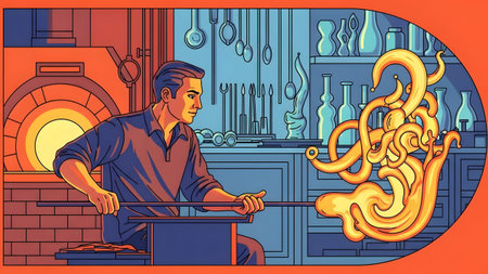 A glassblower shapes molten glass into an organic form in a studio with shelves. Clear details an...