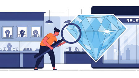 Jeweler inspects a large diamond with a magnifying glass inside a jewelry store. Clear details an...