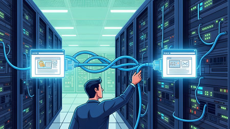 A man connects blue cables between glowing server racks in a data center. Clear details and vibra...