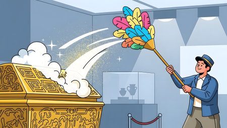 A man cleans a golden sarcophagus in a museum with a vibrant, colorful feather duster.