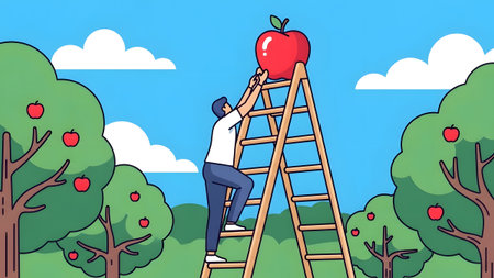 A man climbs a wooden ladder towards a large red apple on a tree in an orchard. Clear details and...の写真素材
