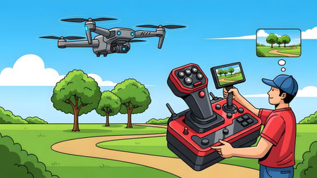 A man holds a red drone remote control with a screen in a green landscape. Clear details and vibr...