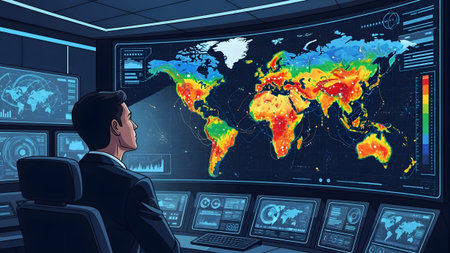 Man in a suit in a command center analyzing a global temperature map on a large screen.