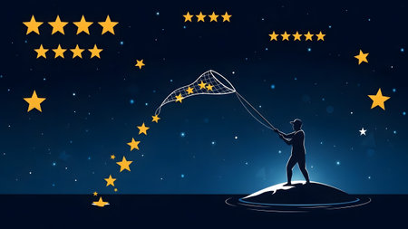 Silhouette of a man on a small island catching stars with a net in a starry night sky.