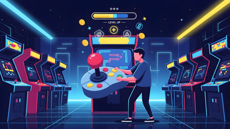 A man plays arcade games in a neon-lit room, with a level up bar and floating coins visible.