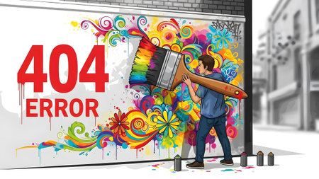 Man painting colorful abstract art over 404 error message on wall Clear details and vibrant color...