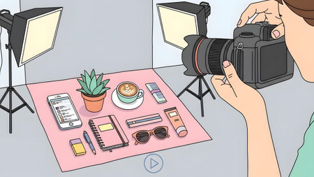 Person photographing lifestyle objects on a pink mat with studio lights and a camera.