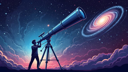 A silhouette stands with a telescope, observing a colorful nebula and distant galaxy.