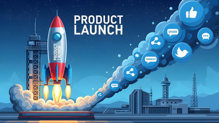 Rocket launching signifies product launch with social media icons trailing behind it