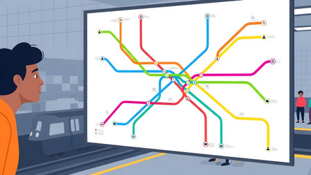 Person looks at a colorful subway map with icons on a large screen in a modern transportation...