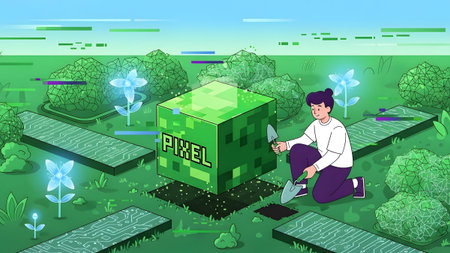 A person plants a green pixel cube in a digital garden with circuit board paths and glowing flowers.