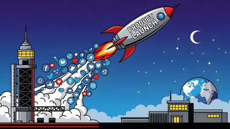 A rocket launches into a starry night sky with social media icons, the moon, and Earth visible.