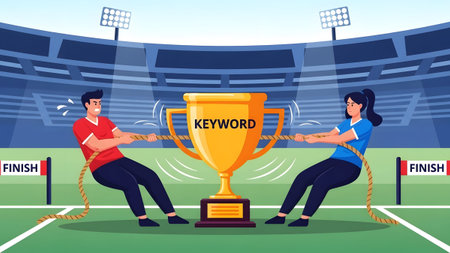 Two people in a tug of war battle for a golden trophy on a sports field.