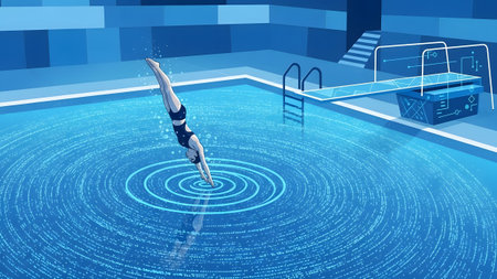 A woman dives into a pool, creating digital ripples on the water's surface. Clear details an...