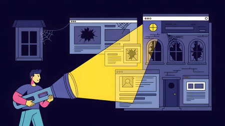 A man shines a flashlight on broken website windows with spiderwebs in the dark. Clear details an...