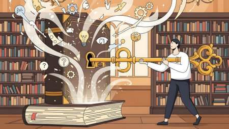 A man holds a golden key to unlock a magical book in a library filled with shelves of books.