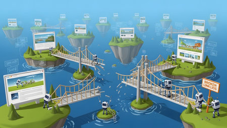 Robots work on repairing broken bridges connecting islands with computer screens. Clear details a...