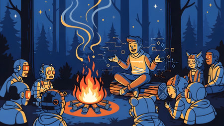 Robots and a boy sit around a campfire in a forest at night, with digital patterns.