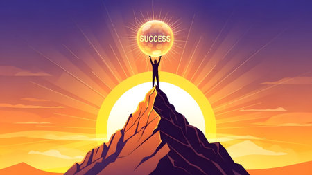 A person stands atop a mountain, holding a glowing sphere labeled SUCCESS against a vibrant...
