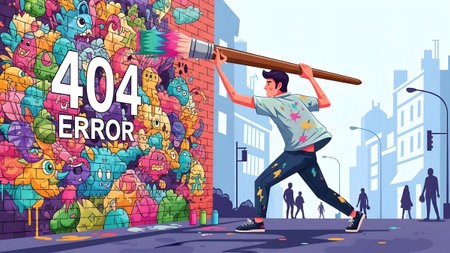An artist paints colorful graffiti monsters and 404 ERROR on a brick wall. Clear details and vibr...