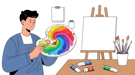 A man holds a palette with swirling rainbow colors and a brush, near an easel. Clear details and ...